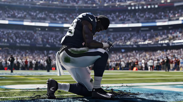 american football player kneels prayer before game 1282444 51108